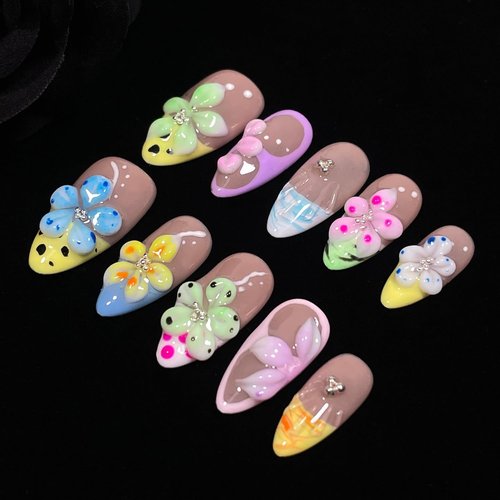 Handmade Press-On Nails 3D Floral Acrylic Almond Fake Nails Artistic Flower desgin Nail Tips Stick-On Nails Reuseable False Nails for Women and Girls (Floral, M)