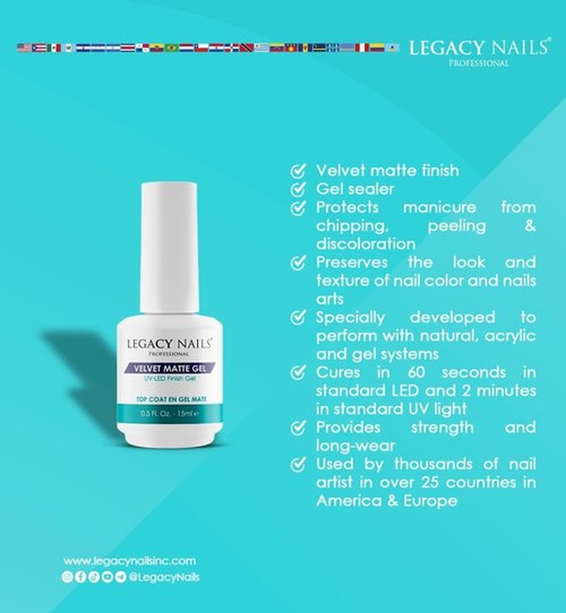 Legacy Nails Perfect Matte Gel 0.5 oz - Velvet Matte Finish - Gel Sealer - Long-Lasting - No Wipe - No Chipping, Peeling or Discoloration - Preserving Look and Texture of Nails - UV or LED gel-curing Lamp