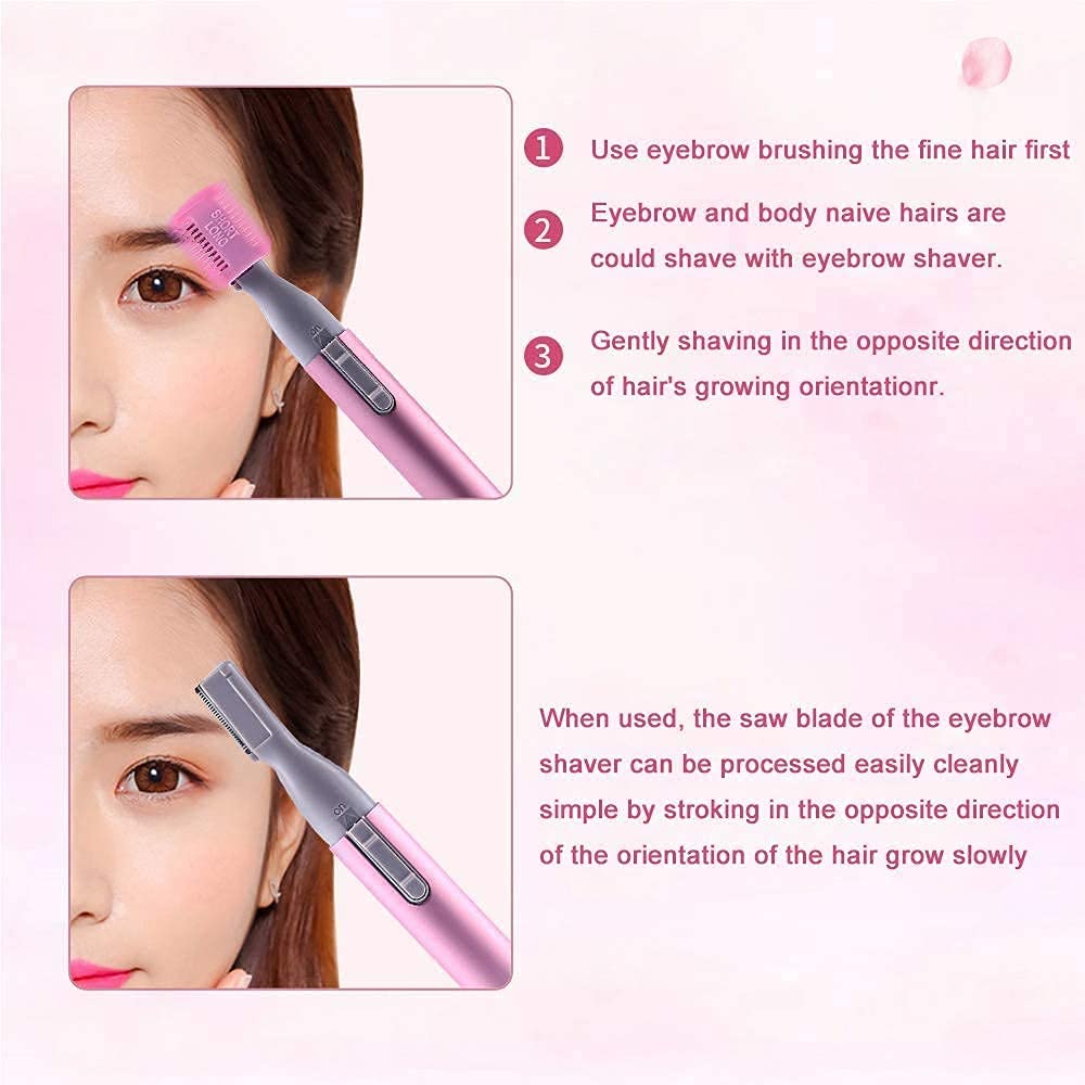 Electric Eyebrow Shaver, Gentle Precision Facial Hair Removal Portable Women Trimmer Travel Friendly Multi Purpose Grooming Tool Includes Cleaning Brush Comb Pink