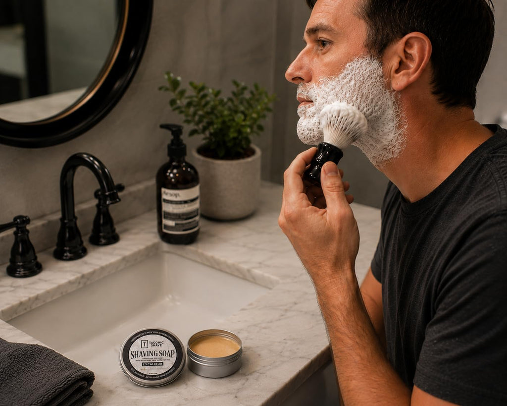 Taconic Shave Excalibur Scent Shaving Soap – Clean Masculine Cologne Aroma – Barbershop Quality Lather Puck with Natural Oils – Smooth Glide – Handmade in USA