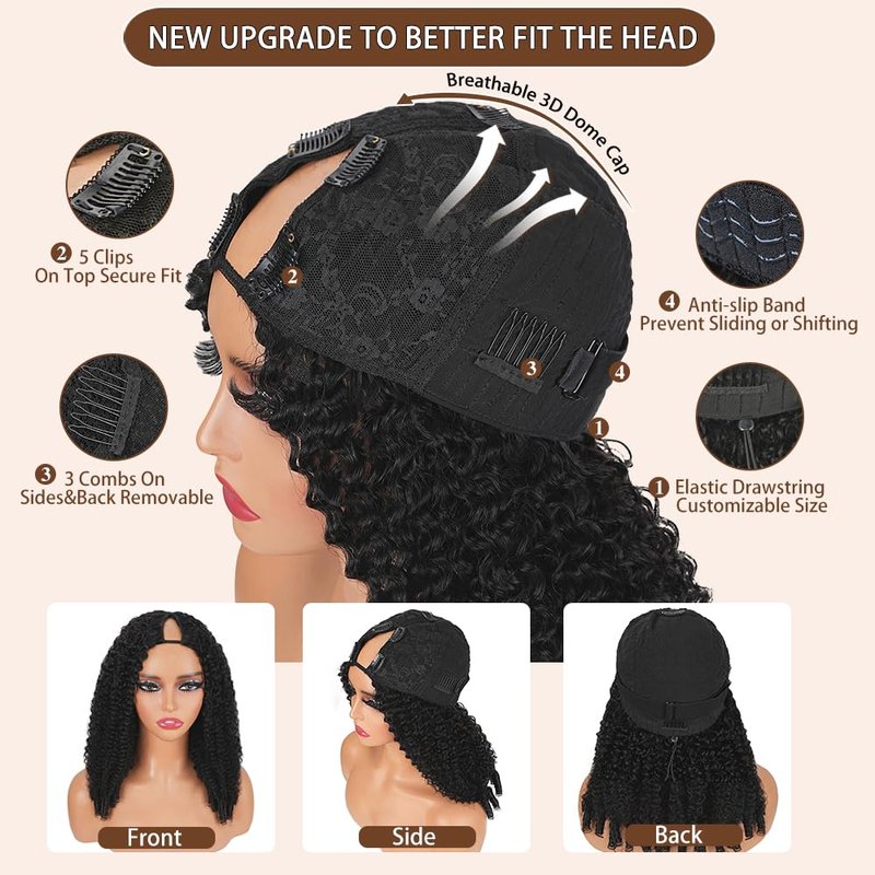 V Part Burmese Curly Wig Human Hair 200% Density Upgrade U Part Wig with Drawstring No Leave Out Glueless V Shape Full Head Clip In Half Wig Curly Human Hair Wig for Black Women Natural Color 16 Inch