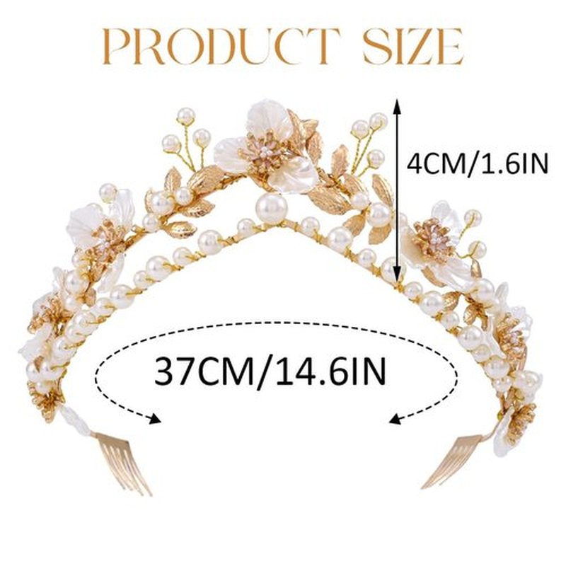 Gortin Flower Crown Bride Wedding Headband Gold Leaf Bridal Princess Headpiece Pearl Tiara Hair Accessories for Women