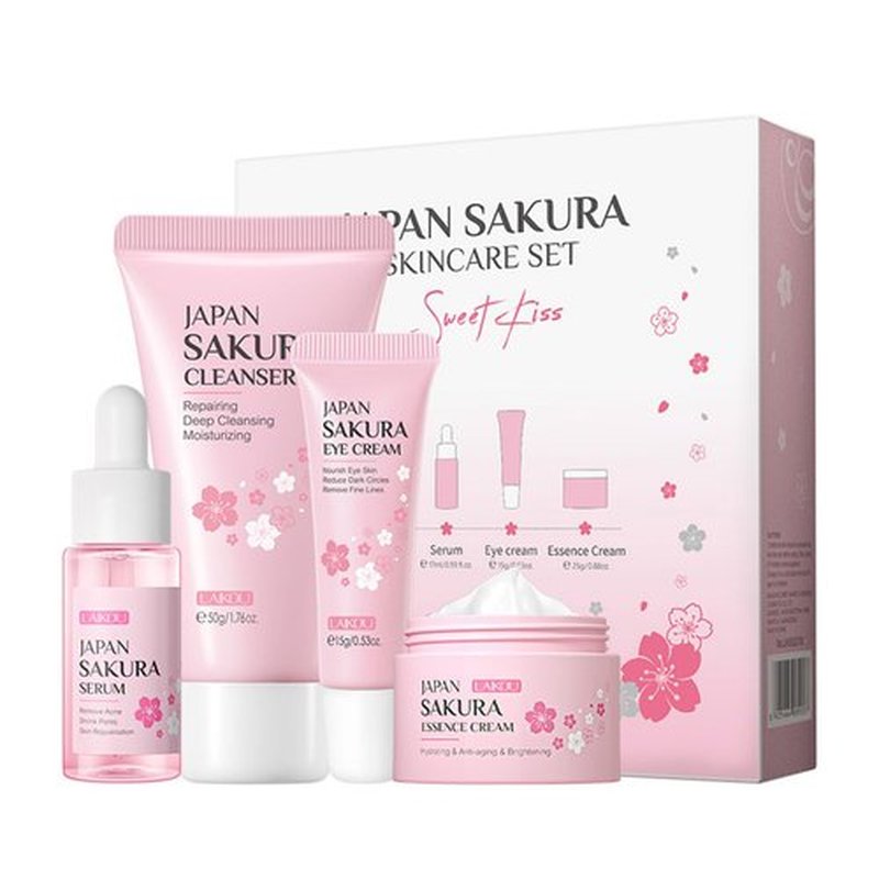 Travel Skincare Kit - Sakura Gentle Korean Skin Care Set for Teen Girls & Women | Hydrating Cleanser, Anti-Aging Serum, Moisturizer, Eye Cream - Radiant Skin Mini Holiday Box Gift (4PC)