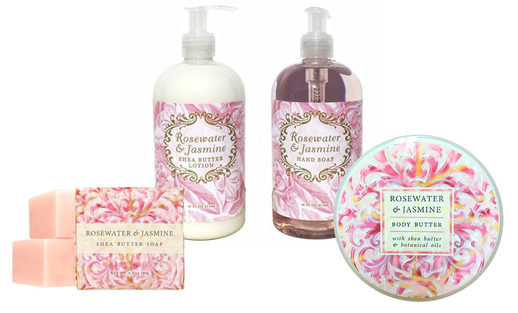 Greenwich Bay Body Care Spa Quartet - Hand Soap, Lotion, Body Butter, and Soap Bar Square - Luxurious Shea Butter Skin Care in Captivating Botanical Scents (Rosewater & Jasmine)