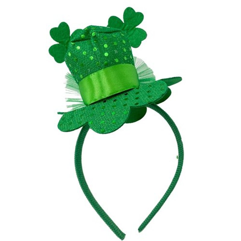 Needzo Little Top Hat St. Patrick's Sequin Headband, Green Hair Accessory With Clovers and Tulle for Holidays and Themed Parties, One Size Fits Most (Top Hat with Clovers and Tulle)