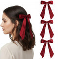 Burgundy Hair Bows for Women 3PCS Soft Silky Satin Bow Hair Clips with Metal Clips Long Tail Hair Ribbon Ponytail Holder Wedding Dress Decor Hair Accessories for Girls Teen