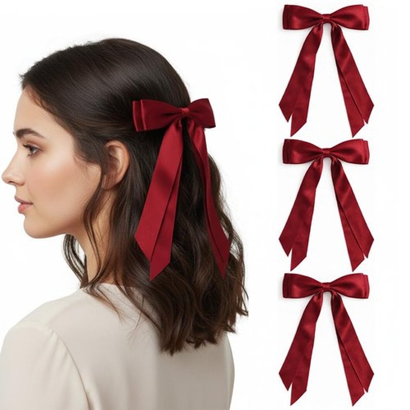 Burgundy Hair Bows for Women 3PCS Soft Silky Satin Bow Hair Clips with Metal Clips Long Tail Hair Ribbon Ponytail Holder Wedding Dress Decor Hair Accessories for Girls Teen