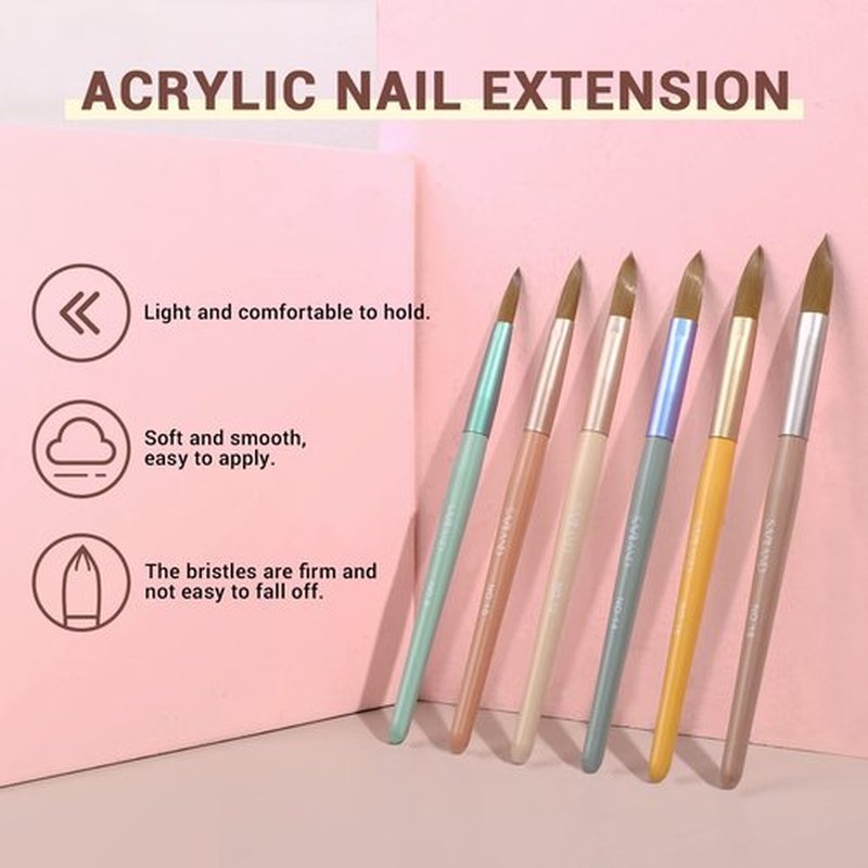 Saviland Kolinsky Acrylic Nail Brush Set: 6PCS Professional Nail Brushes for Acrylic Powder Application DIY Nail Art Extension 3D Carving Manicure Tool Home Practice Beginner Kit Size 8,10,12,14,16,18