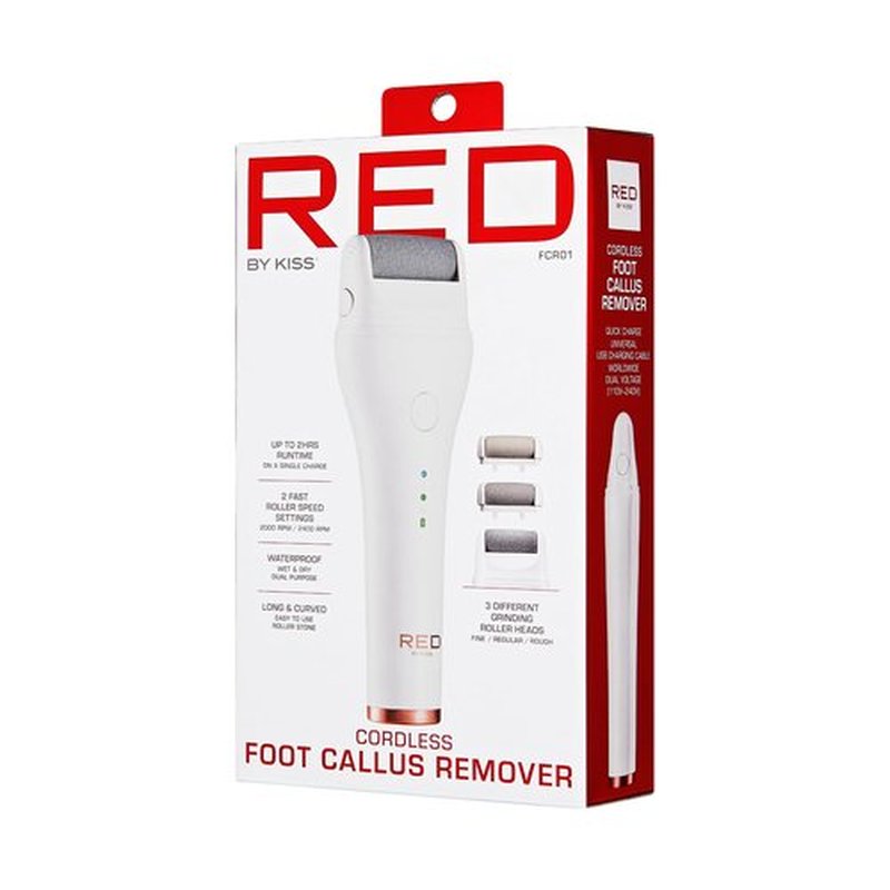 Red by Kiss Cordless Electric Foot File Callus Remover, 3 Roller Heads & 2 Speed Setting, Long and Curved Roller Head Stone, Wet & Dry Dual Purpose, Up to 2 hr Runtime, Easy & Portable