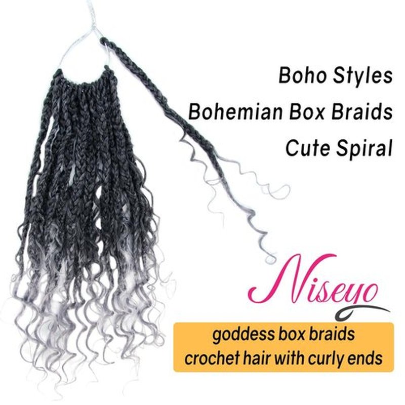 Niseyo Goddess Box Braids Crochet Hair 10 Inch 8 Packs Short Boho Style Crochet Box Braids Grey Pre Looped Curly Ends Synthetic Hair (Tgrey/Ombre Gray)