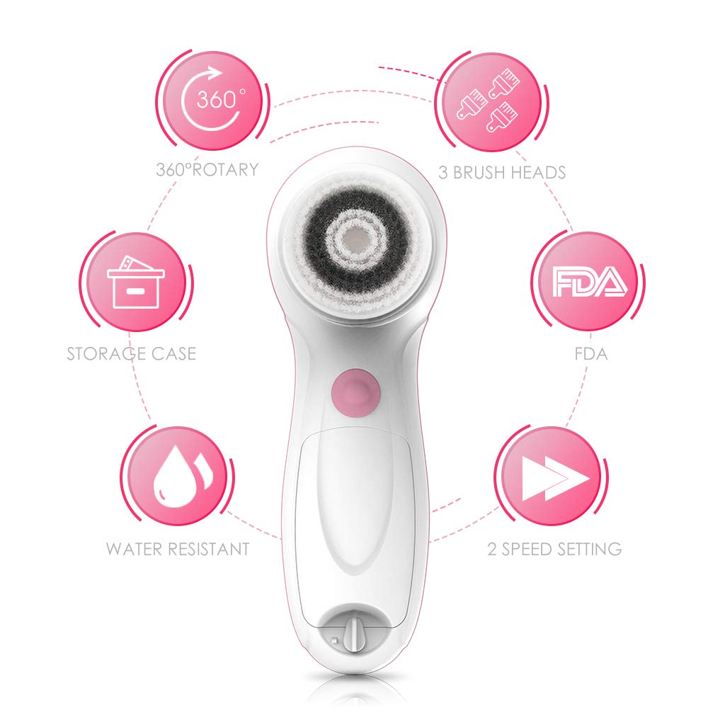 TOUCHBeauty Facial Cleansing & Exfoliator Brush Set with Travel Case 3 Professional Cleansing Brush Heads for Oil/Sensitive/Combination Skin |Waterproof, Dual Speed