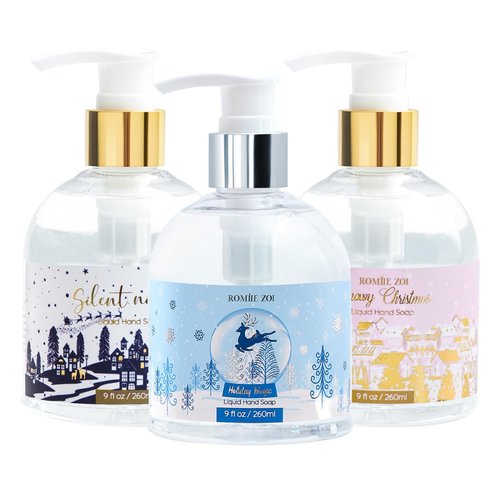 ROMIIE ZOI Christmas Liquid Hand Soap with Gift Box - 260ml/ 9 fl. Oz - Variety Pack of 3（Silent Night，Snowy Christmas,Holiday Magic）
