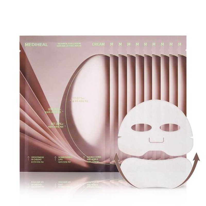 Mediheal Retinol Collagen Cream Lifting Mask | Anti-Aging V-Line Treatment (10 Counts) - Reduces Fine Lines & Wrinkles