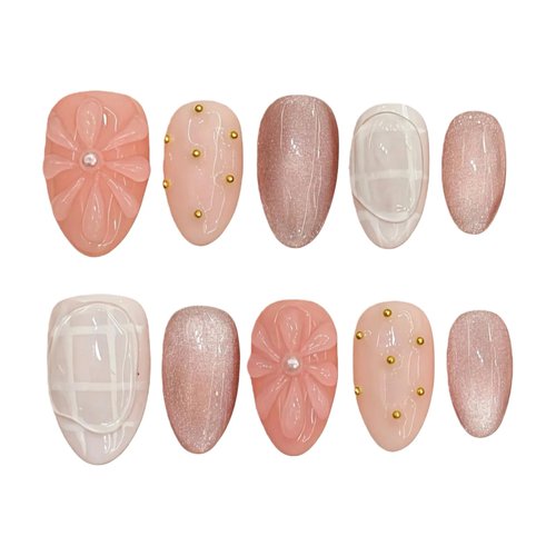 Tesytto Nude Pink Press on Nails Short Almond Cat Eye Fake Nails with 3D Sleek Water Drop Design Glossy Finish Glitter Full Cover Acrylic Nails (Ice Flowers, M)