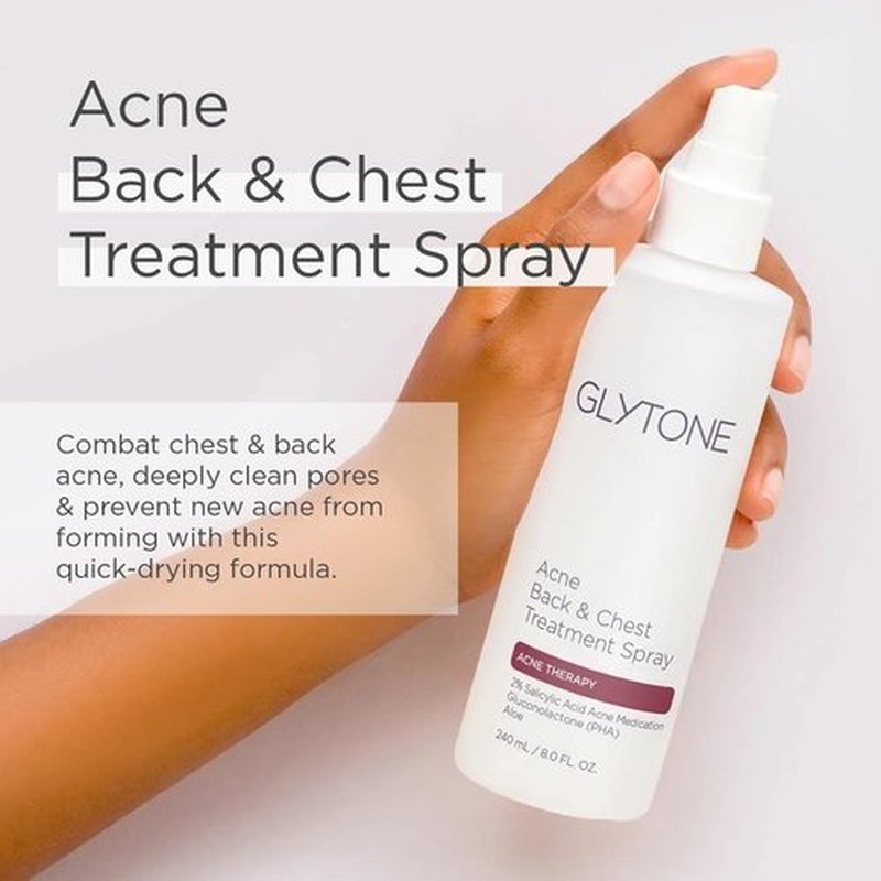 Glytone Acne Treatment Spray for Chest & Back | 2% BHA Salicylic Acid & Gluconolactone | Quick-Dry, Fragrance-Free, 8 fl oz