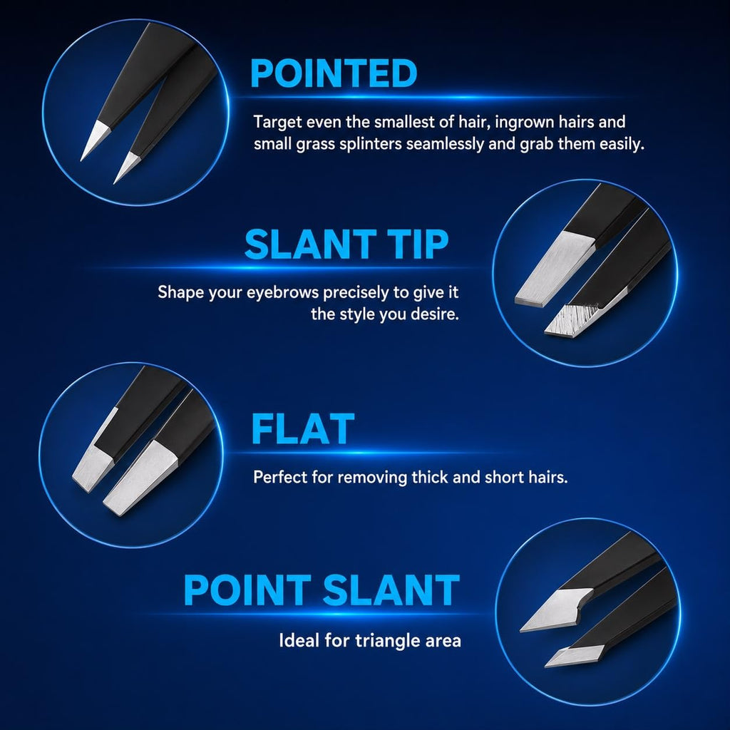 UM Supplies Tweezers Set 4 in 1 Pack l Professional Stainless Steel Tweezers for Eyebrows l Great Precision for Facial Hair, Splinter and Ingrown Hair Removal (Black)