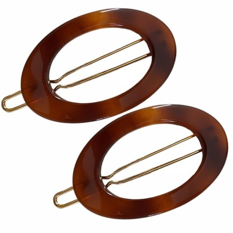 French Amie Oval Hoop Small 1 1/2” Tortoise Shell Celluloid Handmade Snap Hair Clips for Women Tige Boule Clasp Side Slide-in Barrette Clip Hair Accessories for Girl - 2 Piece