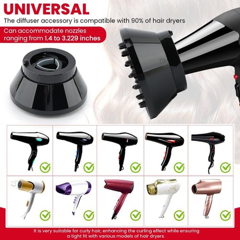 Skiennix Universal Hair Dryer Diffuser - Professional Attachment for Curly & Wavy Hair | Adjustable 1.4" to 3.2" - Black