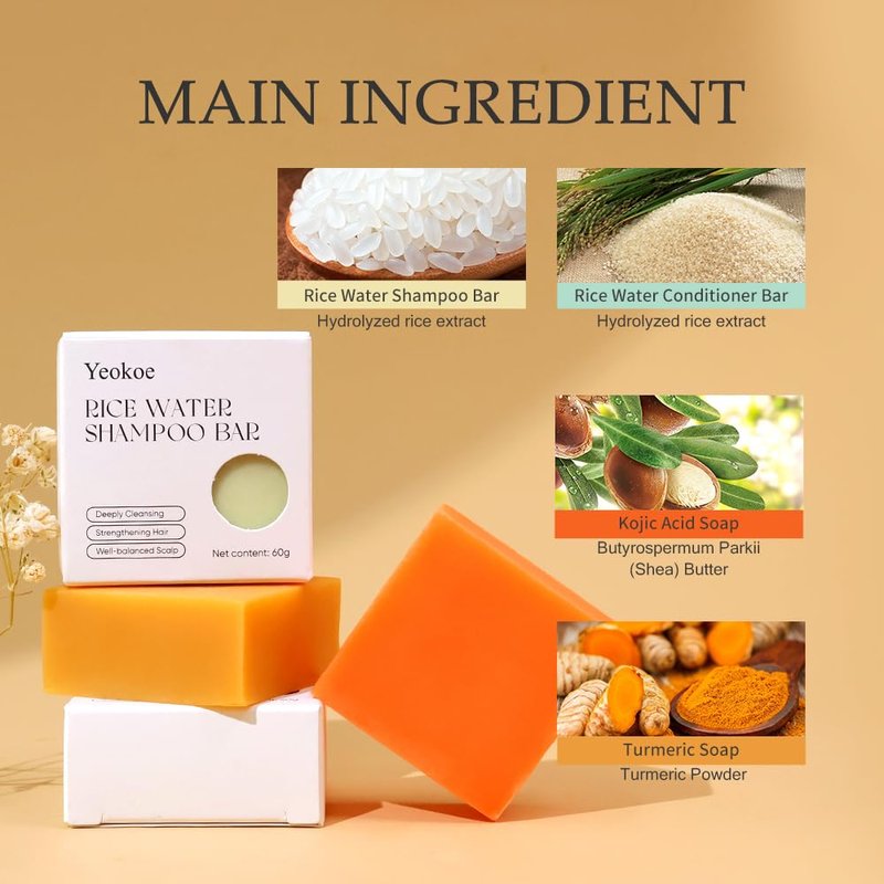 Yeokoe Turmeric Soap Bar & Rice Water Shampoo Conditioner Set - Deep Cleansing, Spa Gift for Women