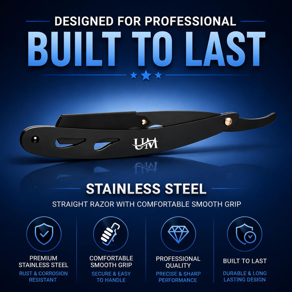 UM Supplies Straight Edge Razor Professional Barber Shaving Razor Kit With 10 Replaceable single Edge Blades