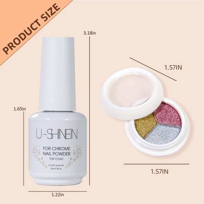 U-Shinein Top Coat Gel for Chrome Nail Powder, 15ml No Wipe High Gloss Shiny Clear Polish With 3 Colors, Long Lasting Soak Off DIY Nail Art Manicure