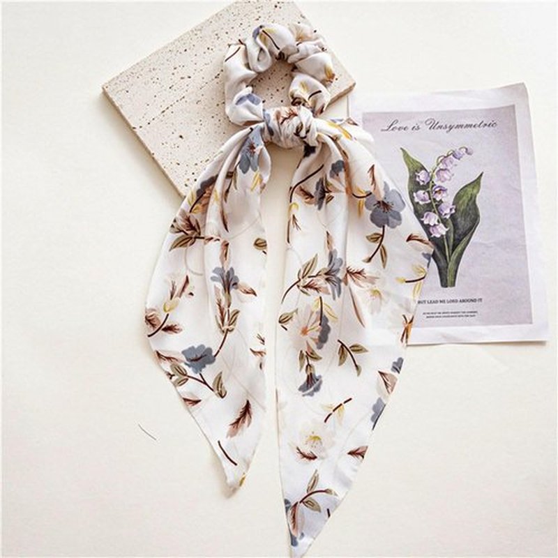 FQYN 4PCS Hair Scrunchies for Women Hair Scarf Scrunchies with Long Tails Knotted Bow Hair Ties Hair Ribbon White Elastic Hair Ties Hair Bands Ponytail Holders Hair Accessories for Women and Girls