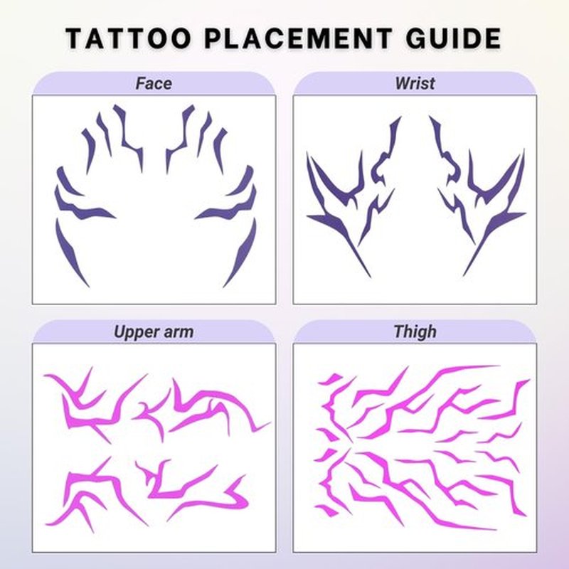 Purple Temporary Tattoo Stickers – 4 PCS Purple Tattoos and 4PCS UV Fluorescent (Under Altraviolet Lamps) Temporary Tattoos Realistic Waterproof Body Art for Cosplay, Halloween, and Party Makeup