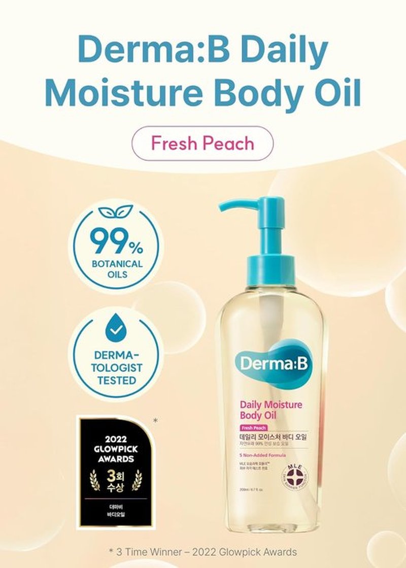Derma B Daily Moisture Body Oil - 99% Natural Argan & Sweet Almond | Hydrating Shower Oil for Dry Skin | 6.78 fl oz (200ml)