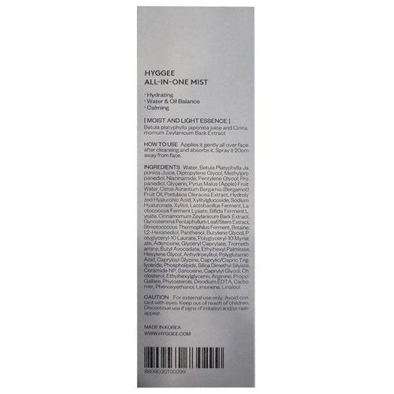 KSBC HYGGEE All in One Mist - Hydrating & Soothing Face Essence Spray for All Skin Types - Probiotics & Birch Sap Extract - Oil Control Gas Free Mist - Skin Irritation Free, 3.38 fl.oz.