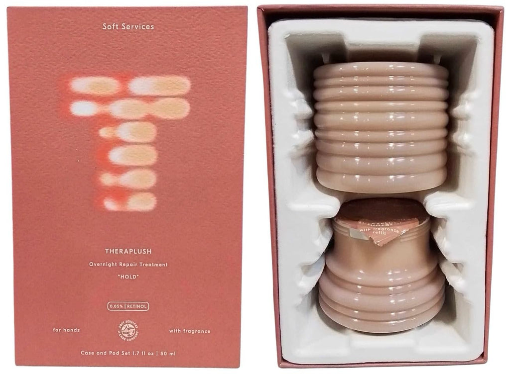 Soft Services Theraplush Hold Starter Set - Overnight Hand Repair - Case & Pod Set - Blush Case - Hold Pod Scented of Warming Spices, Powdered Florals, Woodsy Musk - 1.7 fl oz