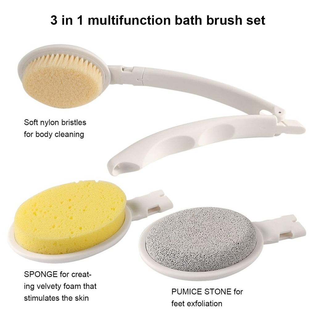 LFJ 19" Long Handle Shower Sponge Brush Set, 3 in 1 Body Brush, Bath Sponge and Lotion Applicator Improved Skin Health, Suitable for Men and Women (White Brush with pumice-1P)