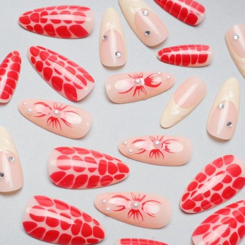 GuxiPirets Medium Long Press on Nails,Red French Tips Almond Shaped Rhinestone Nail Press ons with 3d Flower Design 24Pcs False Nails