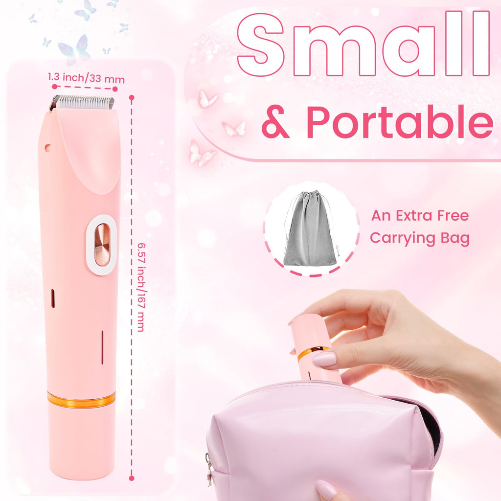 2 in 1 Bikini Trimmer for Women, Dual Head Electric Shaver, IPX7 Waterproof Wet & Dry Ceramic Blade Razors for Pubic Hair, Bikini Line, Legs, Underarms, Face, USB-C Rechargeable, Self-Care Gift, Pink