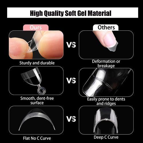 HWHUNO Square Toe Nail Tips&XS Almond Acrylic Nails Tips Short Half Cover Soft Gel Pre-shape, Toenails Extensions Clear Fake Toenail Tips,480Pcs 12Size 2 Box