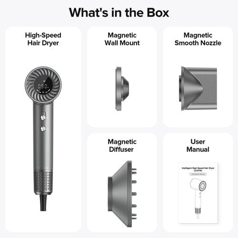 Hair Dryer, 150000 RPM Brushless Motor with 500M Negative Ions, Fast-Dry Lightweight Design, ThermoControl & Magnetic Nozzle/Diffuser, Low Noise Salon Blow Dryer for All Hair, Travel, Home
