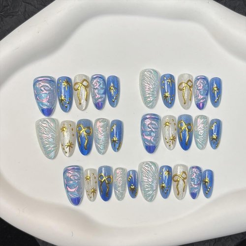 30Pcs Gowabory Almond Press on Nails Medium Fake Nails with 3D Aurora Water Ripple Gilded Bow Flashing Cat's Eye Designs, Summer Fall Acrylic Artificial False Nails Press Ons Stick On Nails for Women