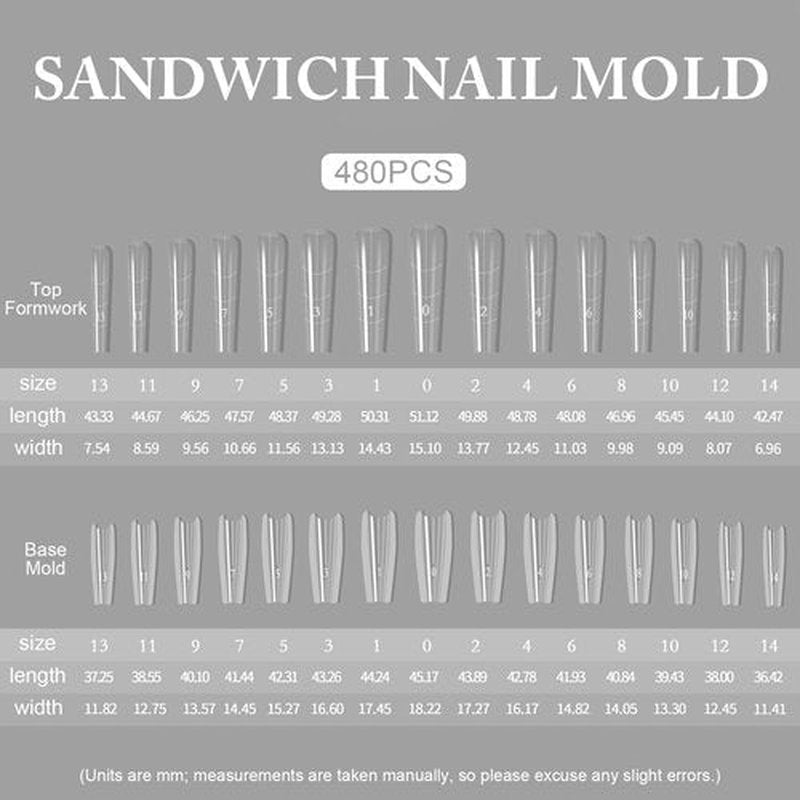 Dansib 480 Pcs Original Sandwich Nails Dual Forms Include Long Coffin Shape and Almond Round Nail Mold for Quick Nails Extension, 30 Sizes Plastic Form, Salon Nail Art Tools, Instruction Included