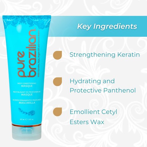 Pure Brazilian Deep Conditioning Masque - Nourishing Hair Treatment with Keratin & Acai, 8 Fl Oz