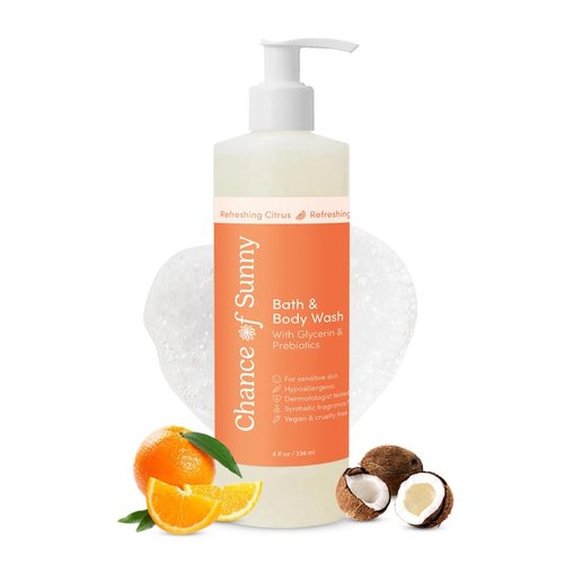 CHANCE OF SUNNY Refreshing Citrus Bath & Body Wash, 8 oz – Hypoallergenic, Vegan with Glycerin & Prebiotics Gentle, pH-Balanced Cleanser for Dry & Delicate Skin (8 oz)