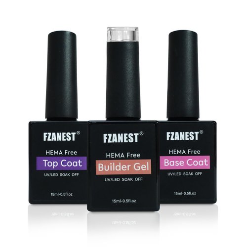 FZANEST Hema-free Builder with Gel Top and Base Coat, 15ml 3Pcs Gel Nail Kit for Nail Thickening Apex Building Extension Long Lasting Nail Protection Soak Off Led UV Glossy Gel