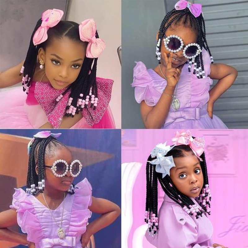 Kid's Summer Kids Ponytail Extension With Beads Box Braids Hair Extensions For Kiddie Synthetic Hairpieces With Bows Protective Easy Fashion Hairstyle For Baby Girls Toddler Gift (Pink, Box-9inch)