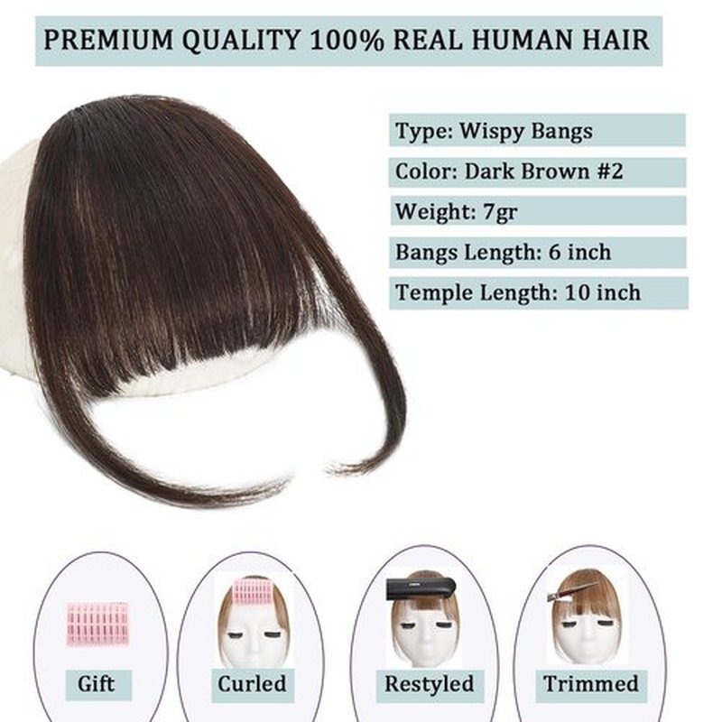 QingChang Clip in Bangs Real Human Hair Dark Brown Wispy Fake Bangs Hair Clip on Bangs Extensions for Women Fringe Hairpieces for a New Hairstyle Instantly (#2)