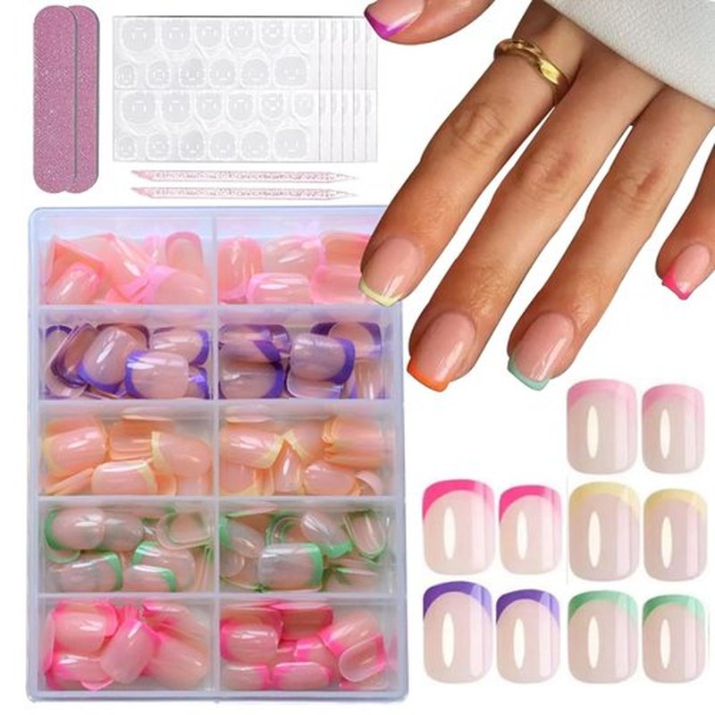 240 Pcs Short Press On Nails Square Fake Nails French Tip Nail Press Ons Set Solid Color False Nails Full Cover Acrylic Glue on Nails Reusable Glossy Artificial Nail Kit for Women Girls Manicure
