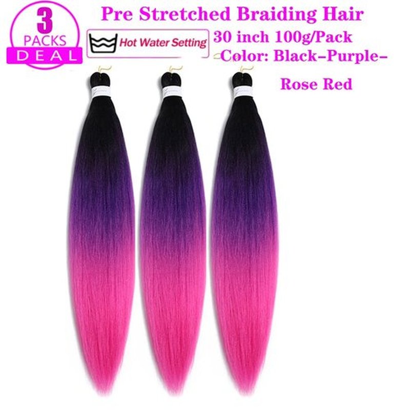 Pre Stretched Braiding Hair Extensions 30 Inch 3 Packs Crochet Twist Braids Hair High Temperature Synthetic Fiber Braid Hair Hot Water Setting（30",Black-Purple-Rose Red）