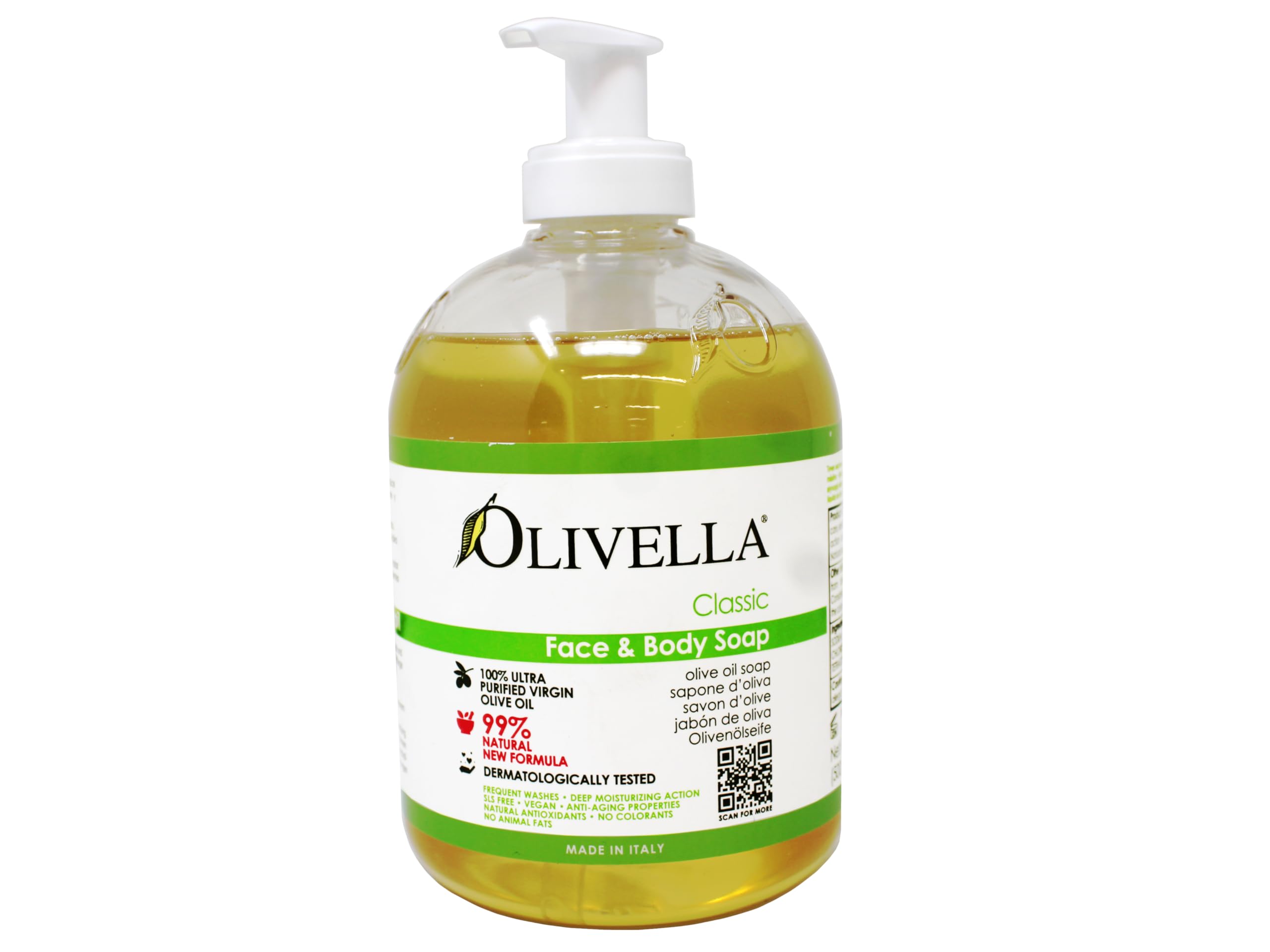 Olivella Classic Face and Body Soap with Ultra Purified Virgin Olive Oil, 16.9 Fl Oz - 6 Pack