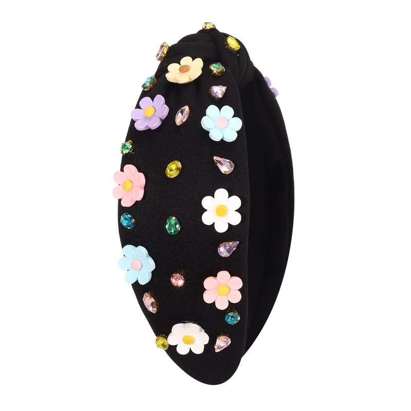 vokone Flower Headbands for Women Girls Crystal Jeweled Embellished Knotted Headband Statement Summer Headband Beach Accessories(Black-Colorful)