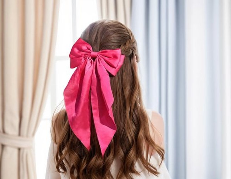 Pink Hair Bow for Women - Furling Pompoms Pack of 2 Hot Pink Bow Clips for Hair,Satin Big Bows Long Tail Alligator Clip Ribbon Large Pink Hair Accessories for Girls Women Teens