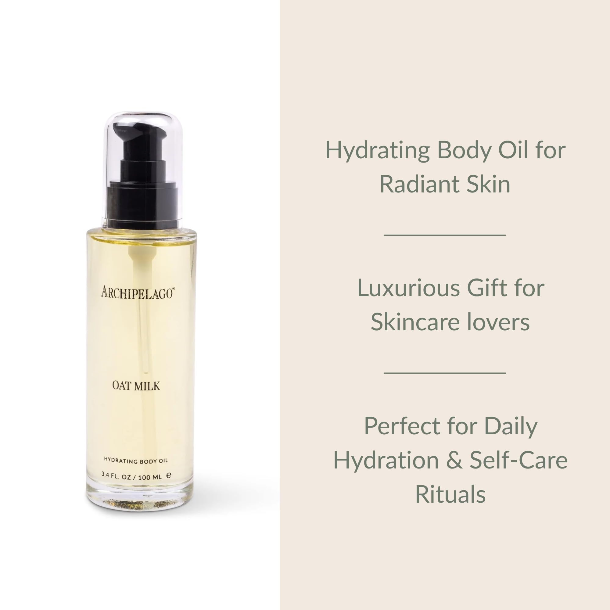 Archipelago Botanicals Oat Milk Hydrating Body Oil, Lightweight Jojoba, Argan & Rosehip Oils for Dry or Sensitive Skin, Wild Oats & Vetiver Aroma, 3.4 fl oz