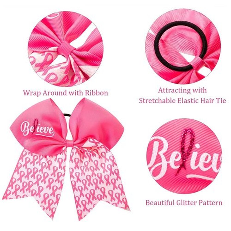 20 Pieces 7 Inch Breast Cancer Awareness Cheer Bows Pink Ribbon Hair Band Elastic Scrunchies Cheerleading with Hair Band Hair Accessories for Teens Women (Believe）