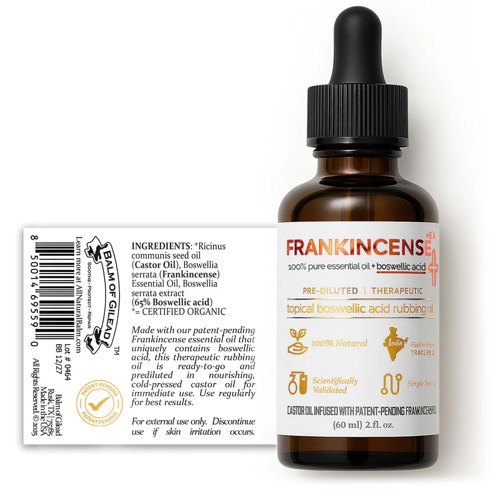BALM OF GILEAD, Frankincense + Topical Boswellic Acid Rubbing Oil, Pre-Diluted in Organic Castor Oil & Ready to Use, 2 fl oz